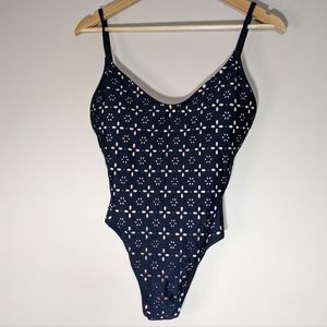 J.Crew NWT Navy Lasercut Eyelet One Piece Swimsuit V-neck Plunge Size 10
